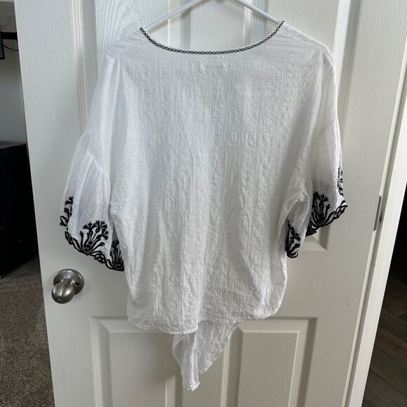 max studio women’s white black embroidered kimono top size m boho peasant blouse - Picture 7 of 8